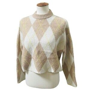 Pringle Of Scotland X H&M Tan White Argyle Women's XS Cropped Sweater 4% Wool
